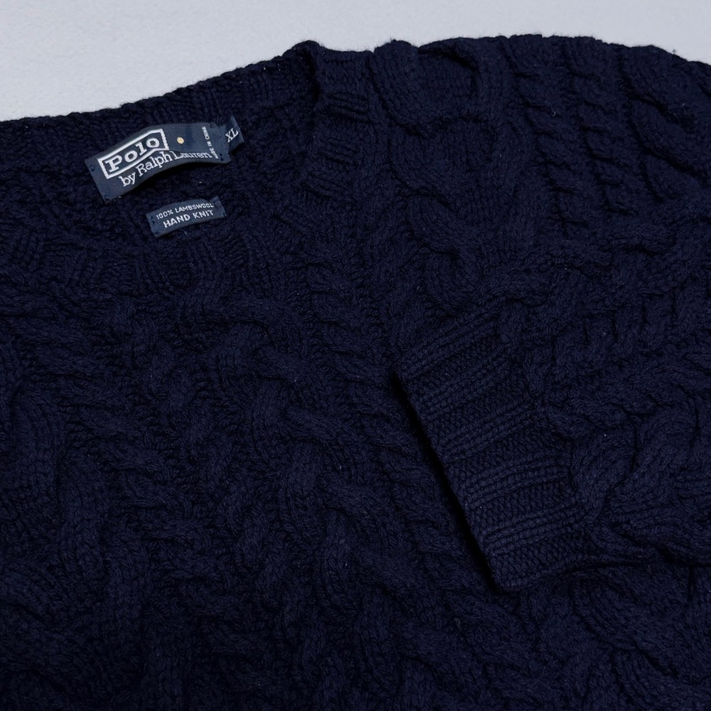 Polo Ralph Lauren Mens XL Navy Blue 100% Lambswool Hand Knit Cable Knit Sweater